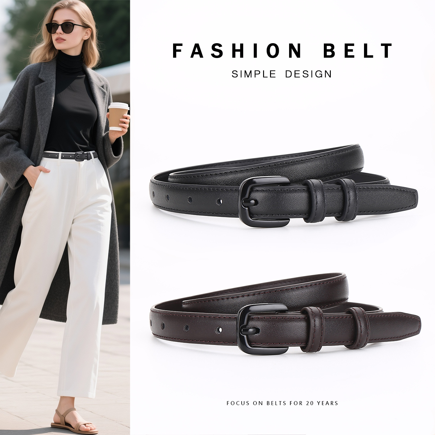 Women's Versatile Decorative Black Belt, High-End Genuine Leather Cowhide Trendy Fashion Belt for Jeans