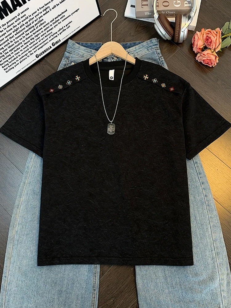 American Retro Embroidered Regular Shoulder T-Shirt for Men, Summer Cleanfit Tie-Dye Short-Sleeve Loose Breathable Half-Sleeve