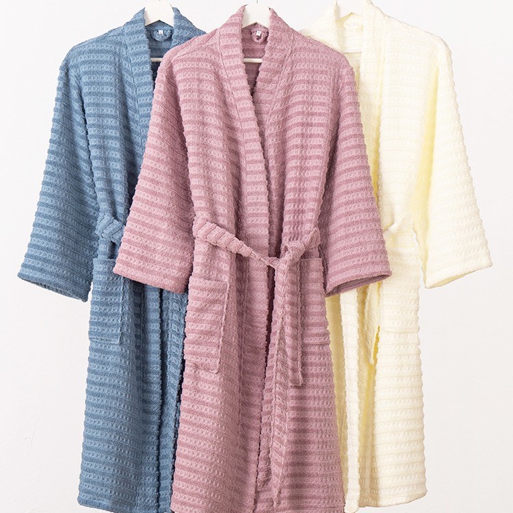 Four Seasons Cotton Bathrobe Bathrobe Thickeneded and Fattened Kimono Collar Terry Plus Honeycomb Combination for Home Use for Men and Women