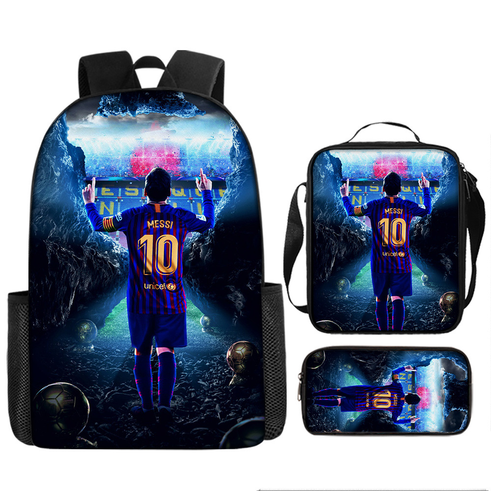 Football star Massey peripheral backpack printing three-piece Children's schoolbag primary school student backpack lunch bag pencil case