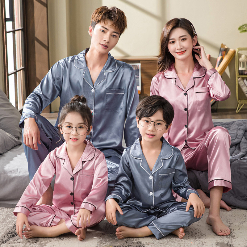 Korean Style Silk Long-Sleeved Family Pajamas Spring & Fall Family of Three Ice Silk Girls Home Clothes Set Thin Men's Small Size