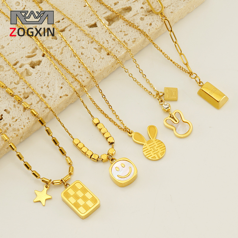 European and American Style Titanium Steel Fortune-Bringing Small Gold Brick Necklace Ins Style Smiley Face Pendant 18K Feel Stainless Steel Shell Necklace for Women