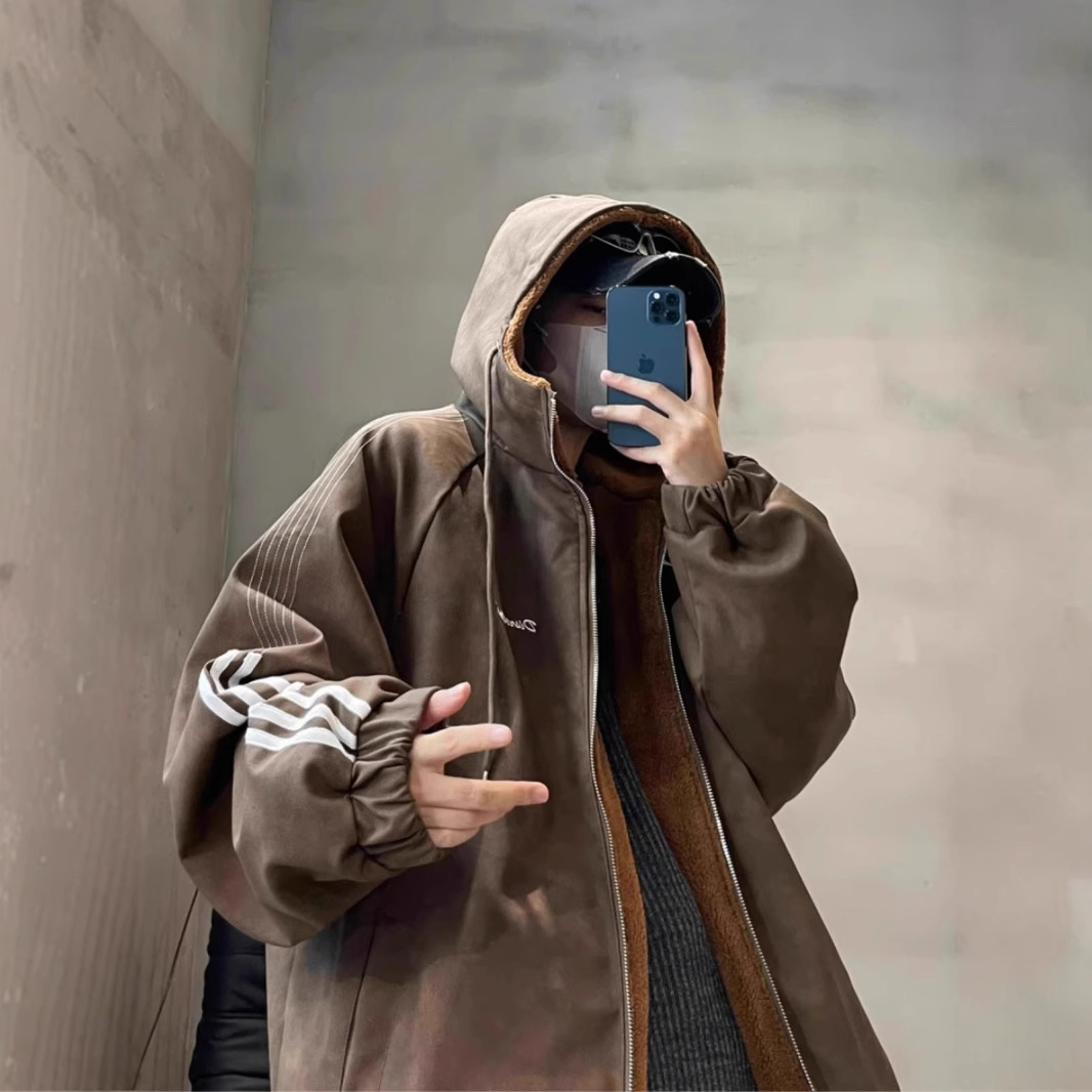 American-style three-bar hooded cotton-padded jacket men's winter fur one lambswool coat couple's vintage cotton-padded jacket to keep warm