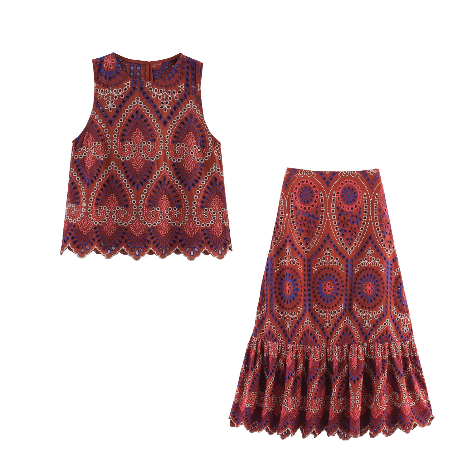 Foreign trade wholesale summer new European and American style hollow embroidered top 2939834 Midi skirt 2986834