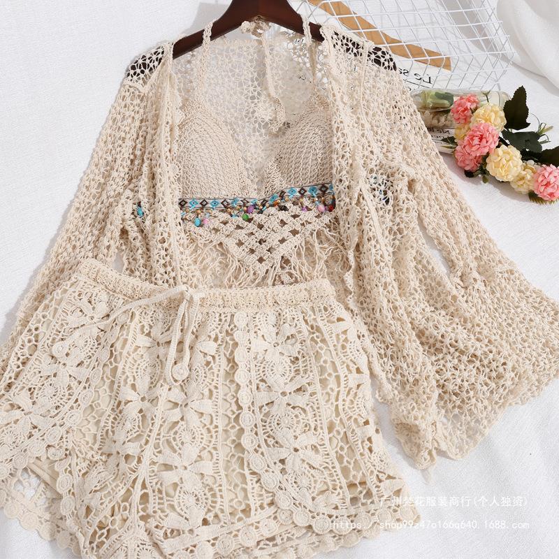 New Seaside Vacation Backless Lace-up Tube Top Vest + Casual Shorts + Cut Out Lace Sun Protection Shirt Three-piece Set