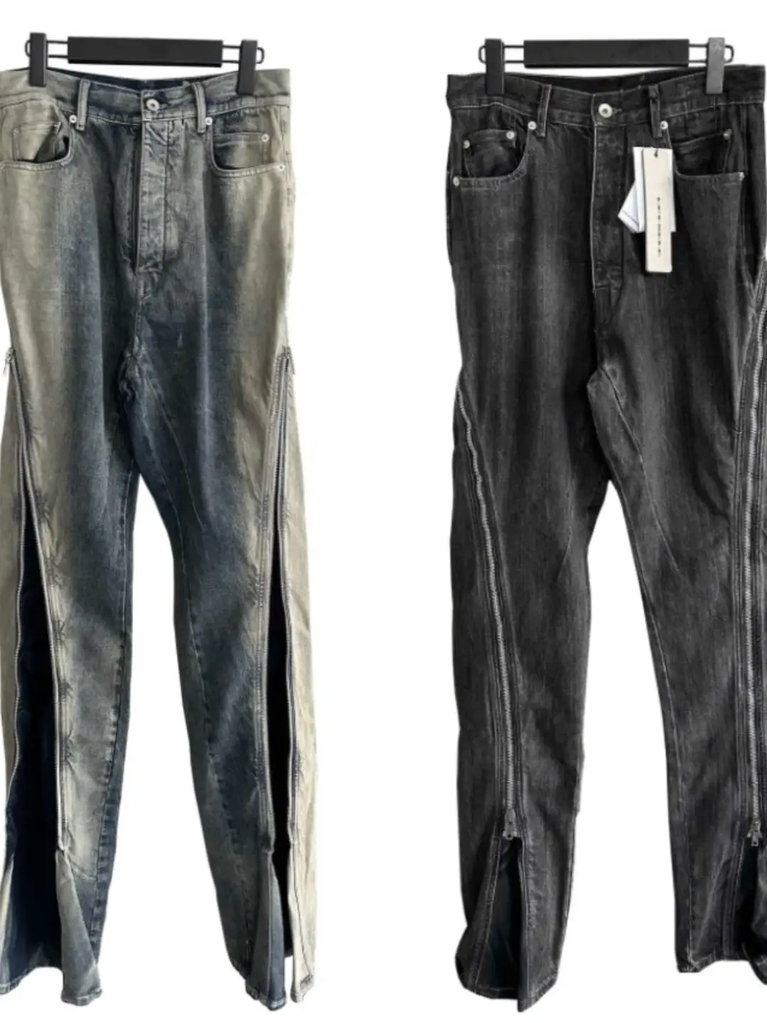 DAWNHIN RO Banana Washed Gradient Blue Zipper Banana Jeans Flared Stacked Mopping Trousers Men