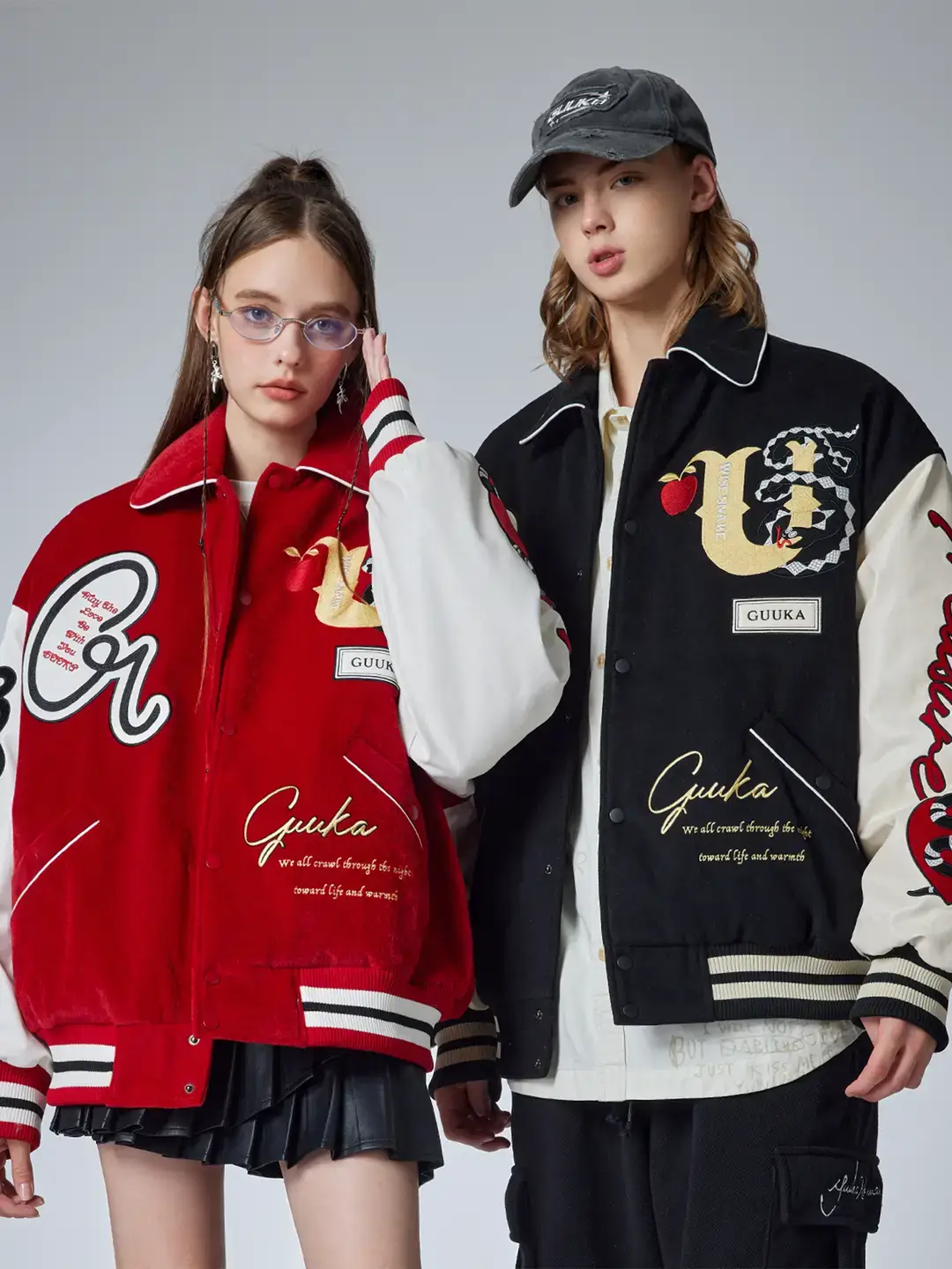 Wang Xiaojia Same Style Guuka Snake Year Birth Year Clothes Red American Baseball Uniform Men's Patchwork Cotton-Padded Jacket Women's Jacket