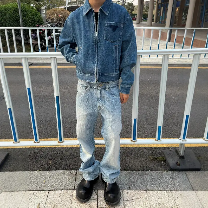 (In Stock) 25ss Bootcut Three-Dimensional Bamboo Pattern Washed Slightly Flared Machete Blue Denim Pants