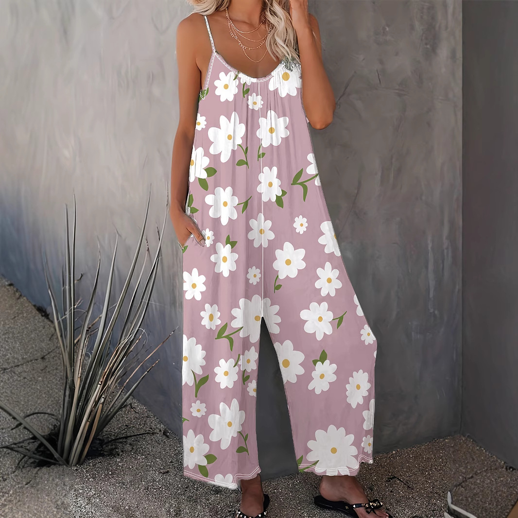 European and American 2026 Summer Floral Print Loose Casual Jumpsuit with Pockets Plus Size Women's Clothing