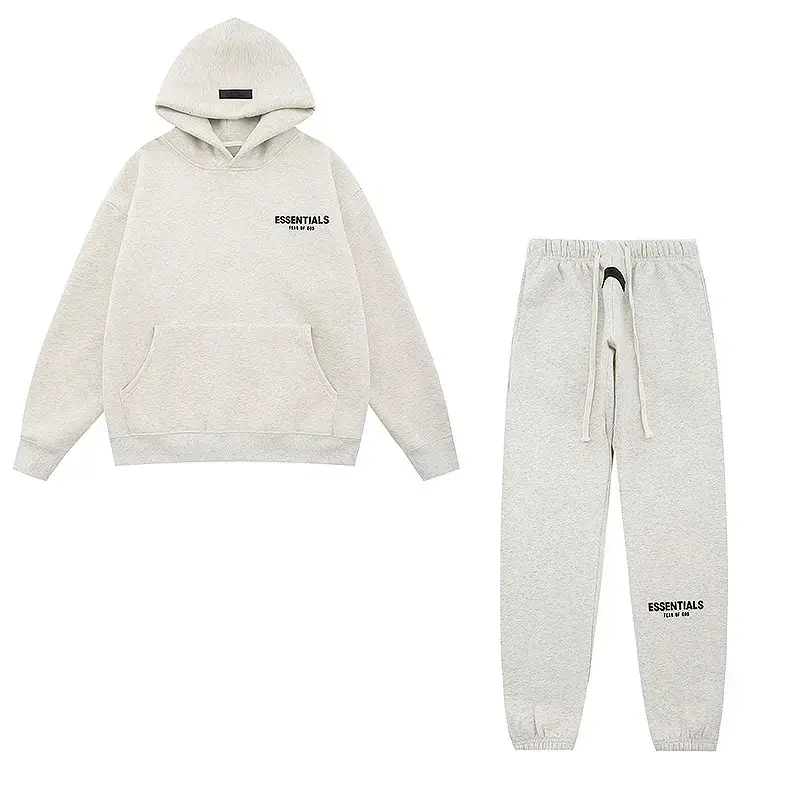 Fog Essentials Trendy High Street Lettered Velvet Autumn and Winter Casual Fleece Hooded Sweatshirt and Pants Set for Men