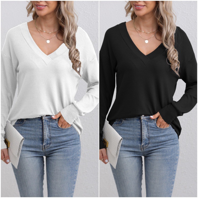 2025 Autumn and Winter New Amazon Export Cross-Border Pure Color Deep V Neck Fashion Simple Versatile Long-Sleeved Tops for Women