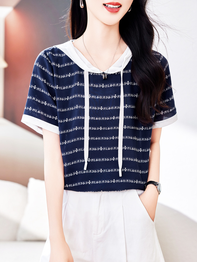 Silk Top for Women, Casual Hooded Blouse, 2026 New Summer Korean Style, Petite Size, Age-Reducing, Mulberry Silk Short-Sleeve T-Shirt