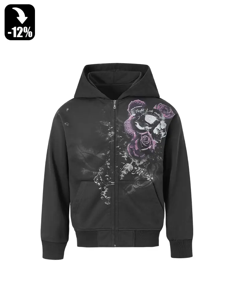 Night Lab*(Nl) Rose Skull Millennium Rhinestone Vintage Autumn/Winter Loose Dark Gray Black Pink Hoodie