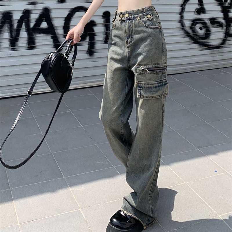 Hong Kong style distressed frayed jeans women's spring and autumn loose straight wide-leg trousers niche washed fashion brand mop pants