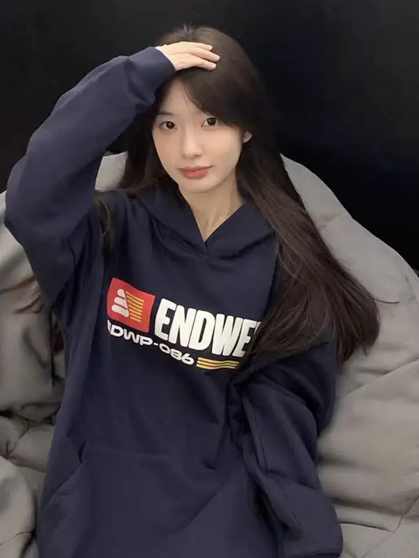 Edwep Chinese Fad American Style Print Hooded Sweatshirt Men and Women Loose Heavy weight Casual Couple Trendy Tops