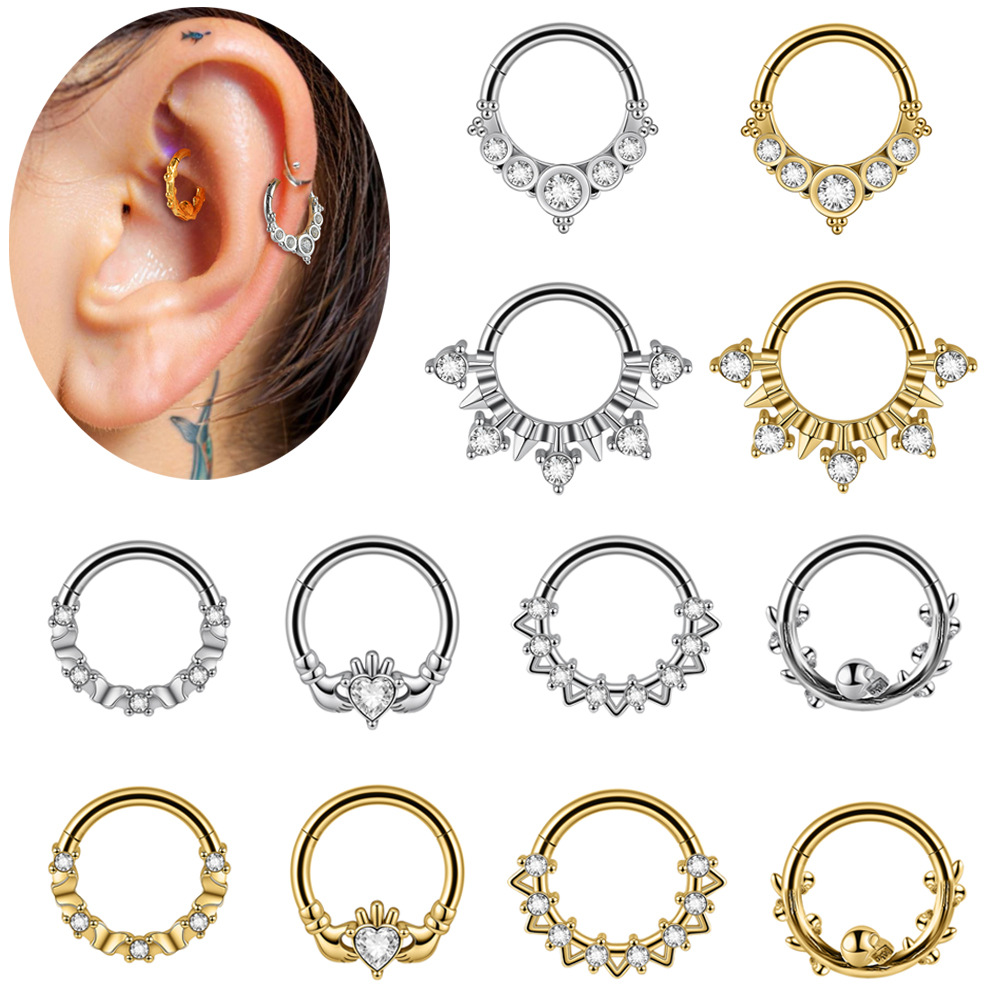 Cross-Border Stainless Steel Heart-Shaped Zircon Split Ring Nose Ring Butterfly Leaf Skull Closed Piercing Ear Bone Stud Jewelry