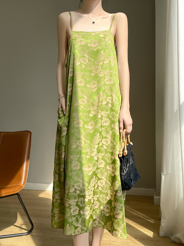 Vintage jacquard silk satin thin mid-length summer new women's design style one-line collar skirt