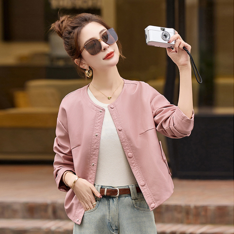 Haining Leather Jacket for Women, Short Style, 2026 Spring and Autumn New Model, Slim Fit, Stylish Biker Casual Round-Neck Leather Jacket