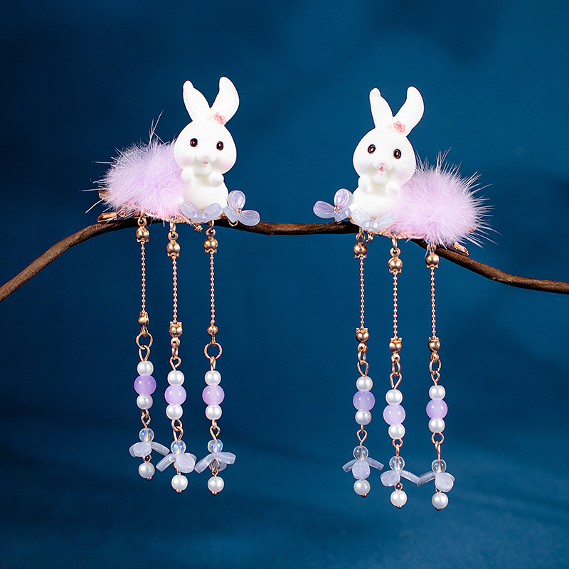Chuyun Plush Hairpin Hanfu Hair Accessory Rabbit Ears Fairy Tassel Hair Ornament Pom-Pom Clip Fresh Accessories