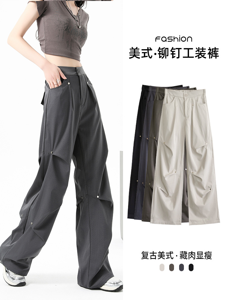 American-Style Casual Cargo Pants for Women, Spring 2026 New High-Waisted Retro Casual Parachute Pants, Pleated Wide-Leg Long Pants