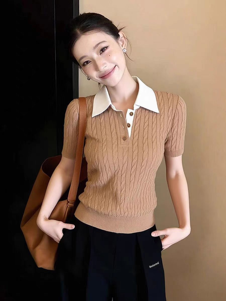 Spring Short-Sleeve Niche Slim-Fit Soft and Comfortable Knit Top with a Stylish Youthful Look, Fashionable and Versatile Color-Block Polo Collar Shirt