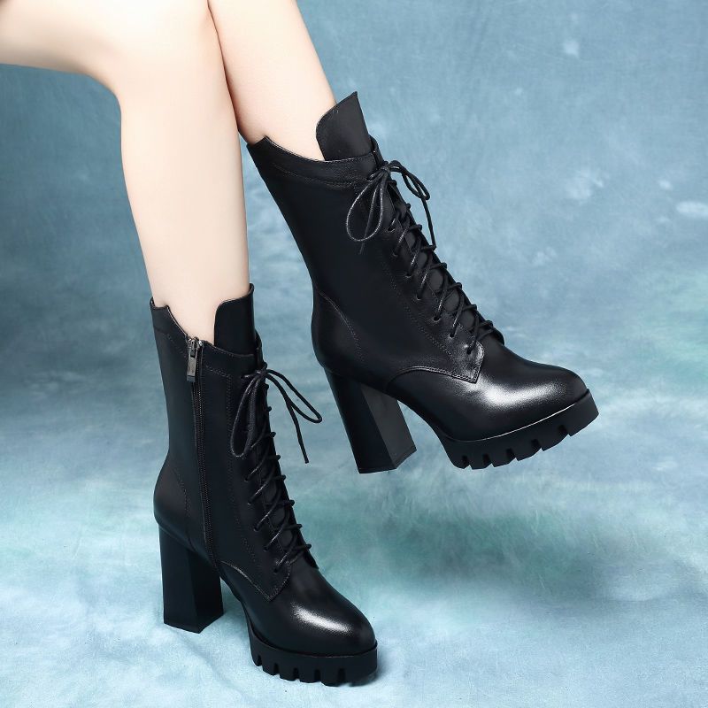 Northern Wolf Lace-Up Thick-Heeled High-Top Martin Boots for Women, Autumn and Winter Warm Thick-Soled Waterproof Platform with Side Zipper, New High-Heeled Fashion