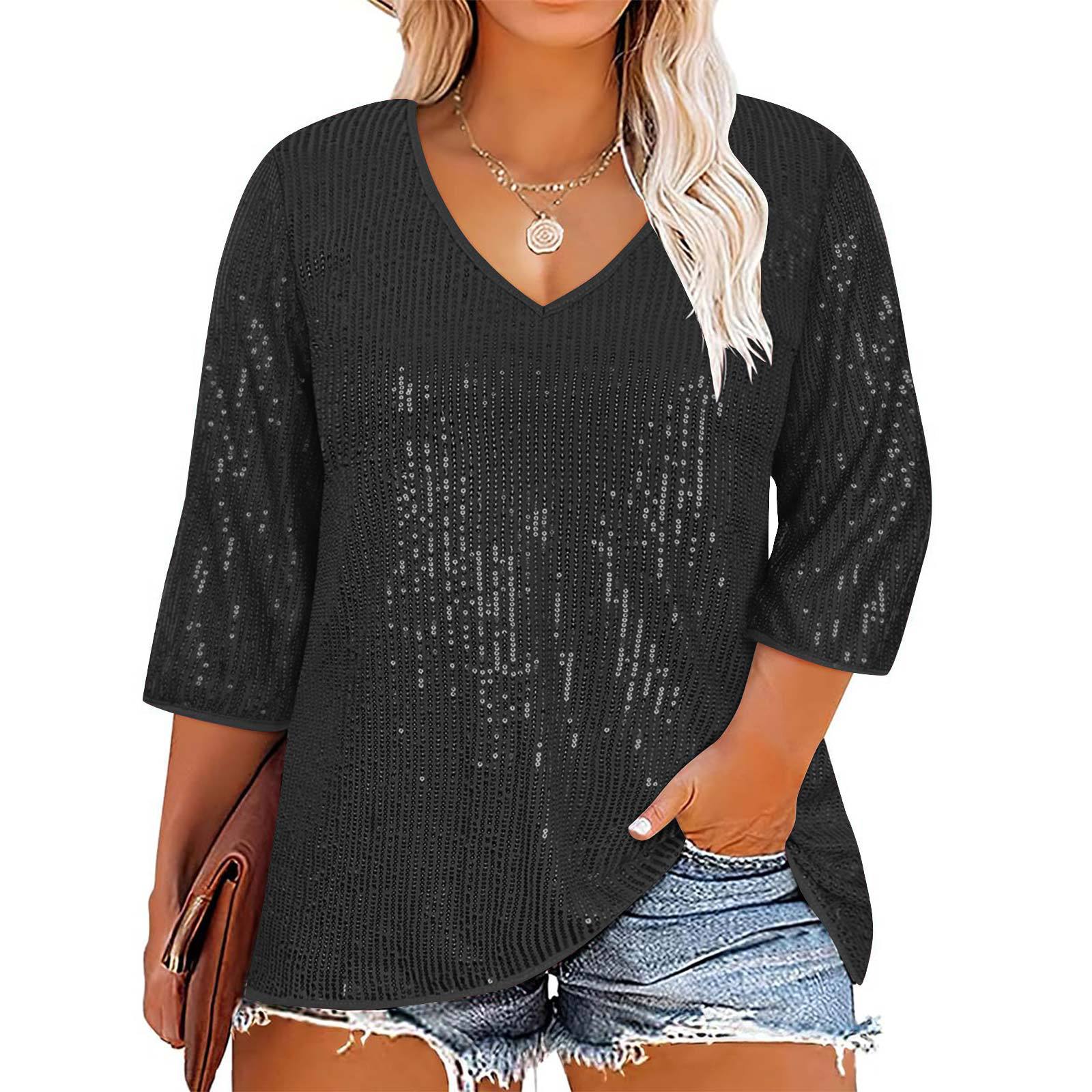 in stock 2024 Fall/Winter New Amazon eBay European and American Loose plus size Retro Casual V-Neck Sequin T-Shirt for Women