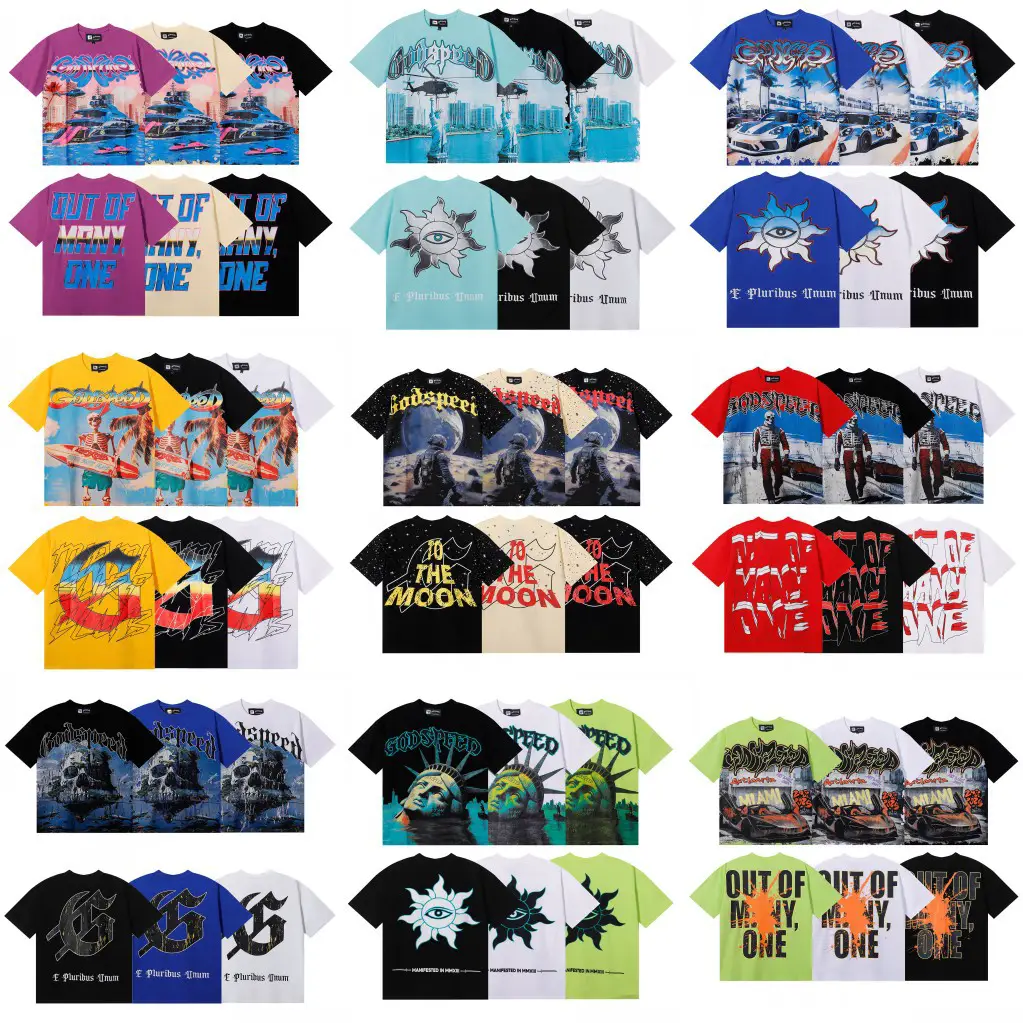 Summer New Godspeed American High Street Fashion Brand Skull Rock Music Letter Print Short-Sleeved T-Shirt for Men