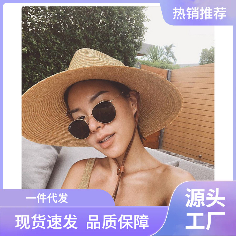 Fashion Blogger Same Style Panamanian Jazz Straw Hat Women's Summer Sunscreen Lace-up Windproof Seaside Big Eave Hat