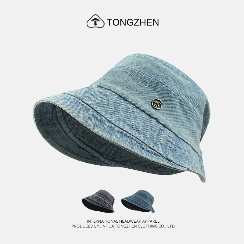 Japanese-Style Washed Cotton Vintage Denim Bucket Hat for Men and Women, Trendy Outdoor Travel Face-Covering Sun Protection Wide-Brimmed Hat