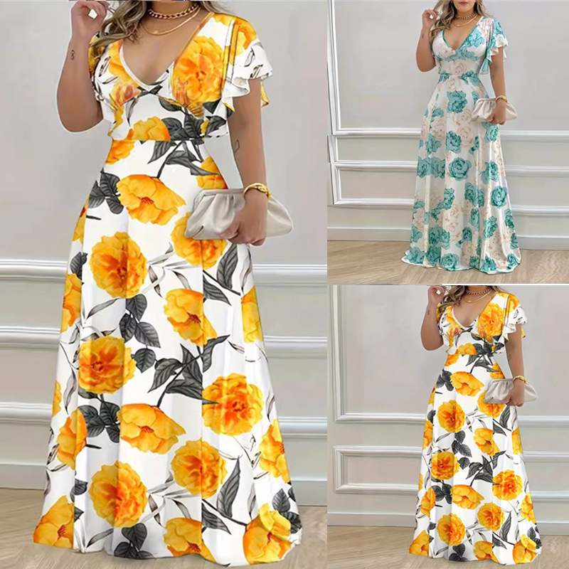 Summer Amazon Cross-Border Hot-Selling V-Neck Elegant and Fashionable Casual Printed Long Dress with Large Hem for Women