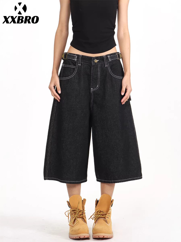 Muxi Clothing # American High Street Style Raw Denim Color Cropped Pants, Lumberjack Pants, Versatile Work Shorts for Men and Women.