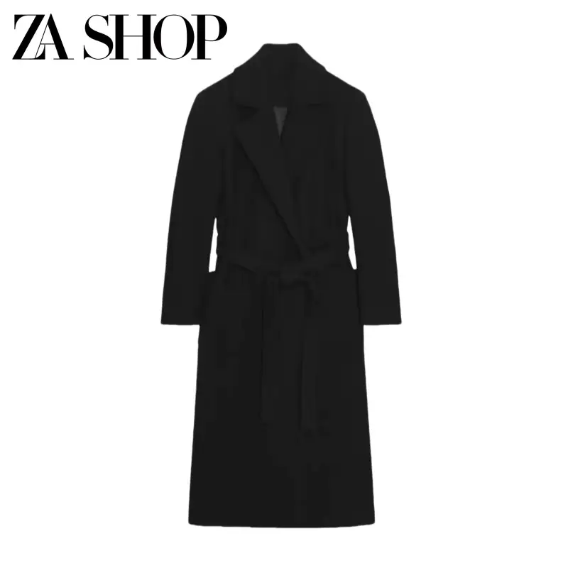 2025 Autumn New Women's Lapel Long Sleeve Wool Blend Coat with Belt and Shoulder Pads 8493754