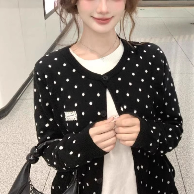 Korean-Style Knitted Sweater, Polka-Dot Cardigan, Stylish Top, Black Early Autumn Lambswool Round-Neck Chanel-Style Women's Jacket