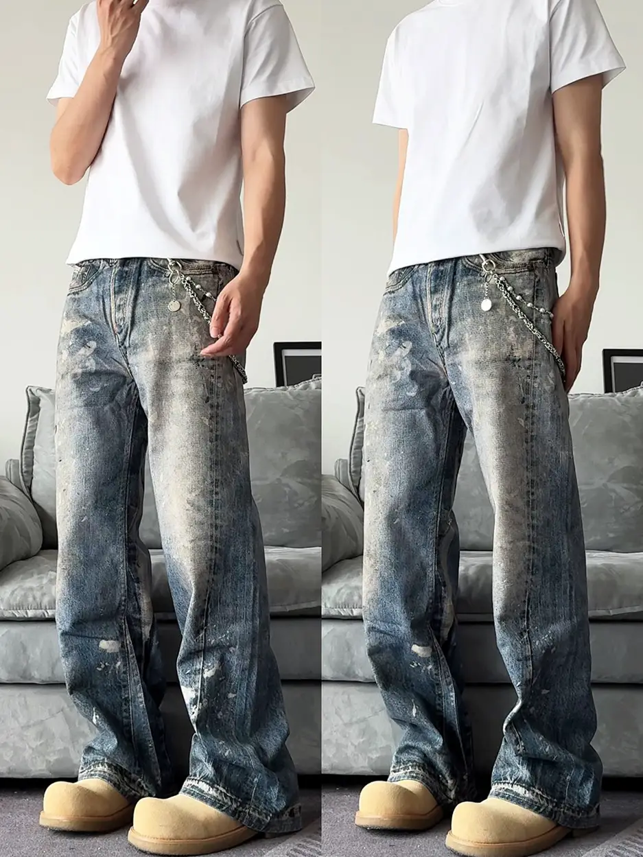 American Style High Street cleanfit Straight Loose Splash Ink Long Pants Tall and Stylish Digital Printed Jeans for Men