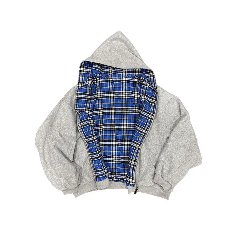 European and American Cross-Border American High Street Stylish Street Plaid Stitching Fashion Casual Pullover Hooded Sweatshirt Trendyy Jacket