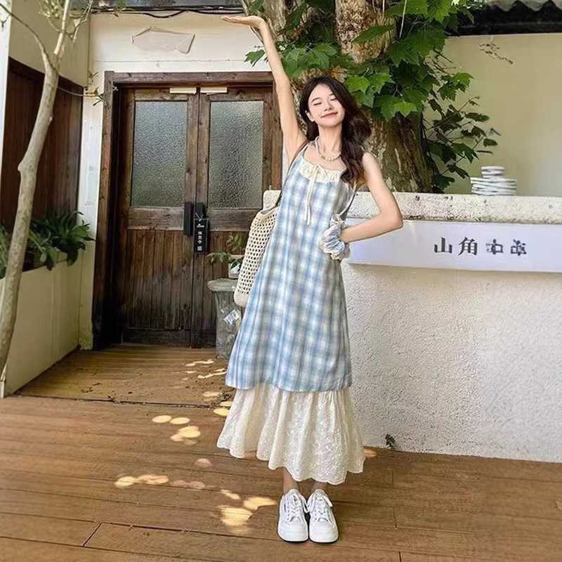 2026 Summer New Style Fake Two-Piece Dress with Lace Splicing and Plaid Design, Casual Style, Fresh Feel, Girls' Dress