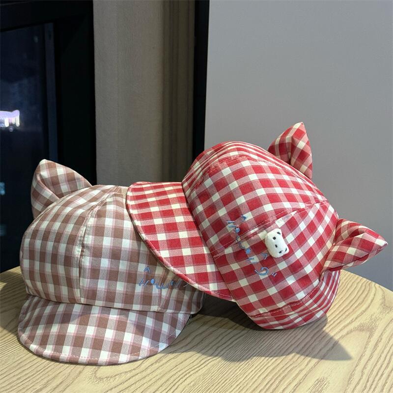 New Japanese-Style Sweet and Cute Bear Ear Plaid Cartoon Octagonal Hat, Thin Y2K Sweet Face-Flattering Beret