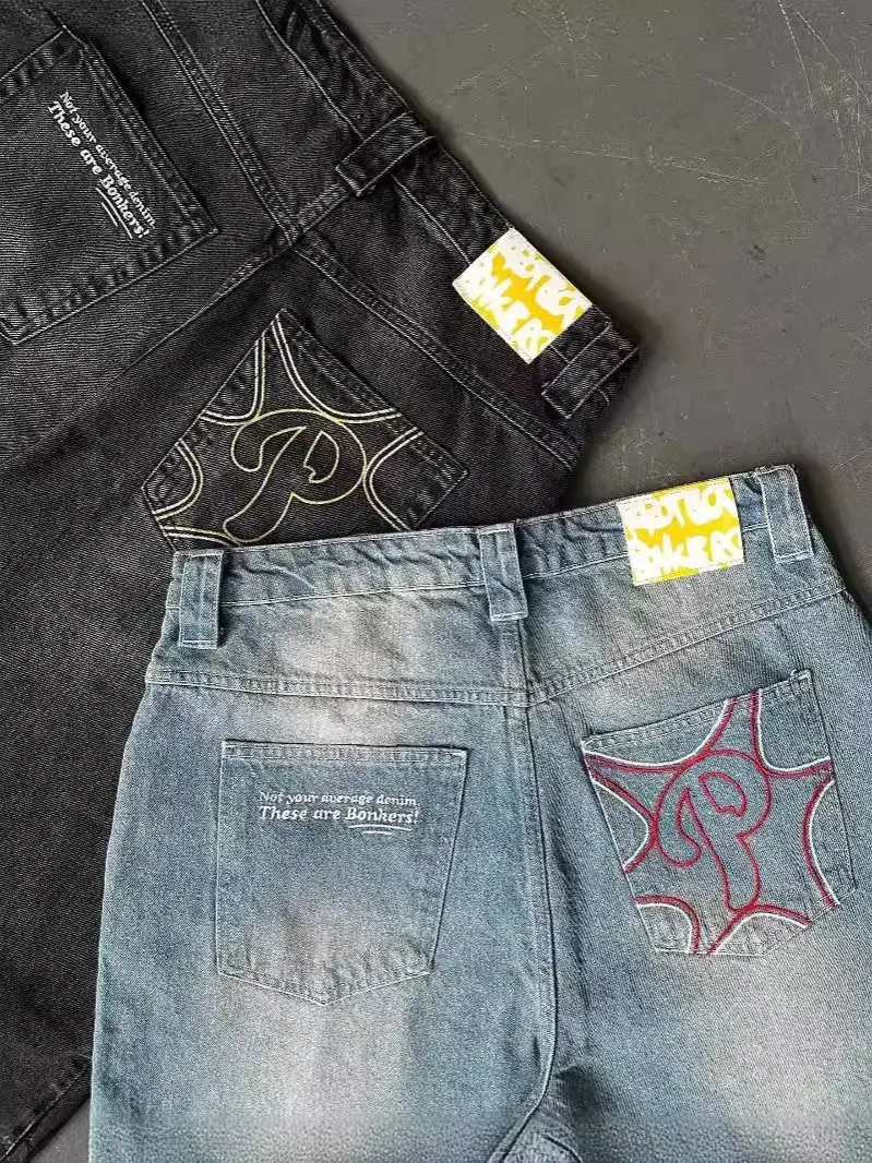 Cross-border E-commerce Street Jeans Y2K Harajuku Hip Hop Alphabet Retro Blue Loose High Waist Wide Leg Pants