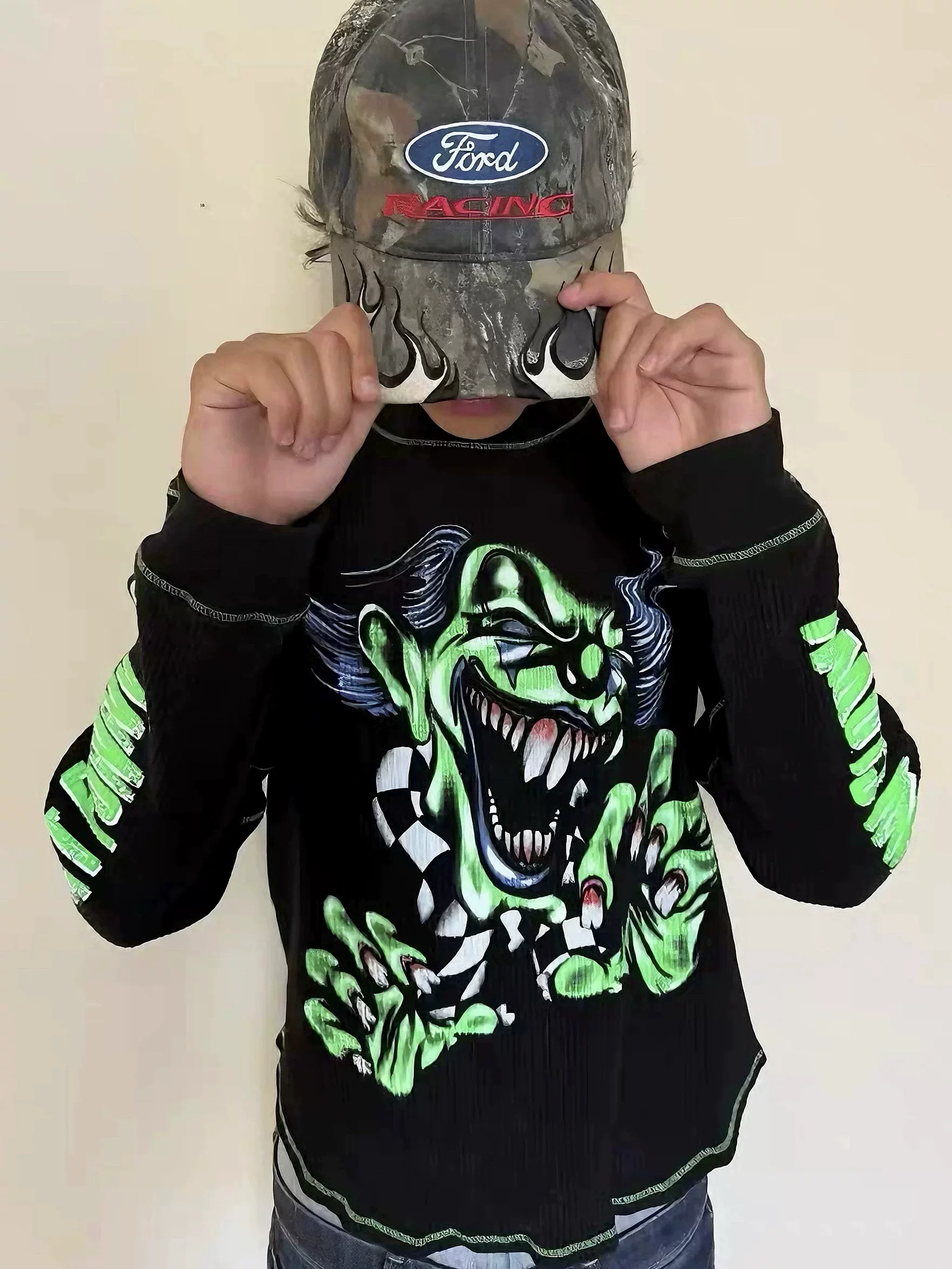 Endless Denim Waffle Green Clown Boxy Long-Sleeve T-Shirt Tee Opium Yvl Style