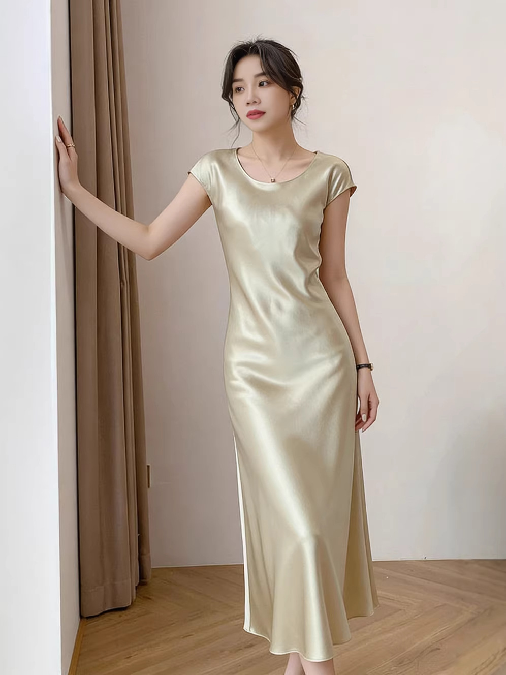 High-End Spring and Summer Long Black Sleeveless Dress for Tall Women, Made of Smooth Acetate Satin with Bias Cut