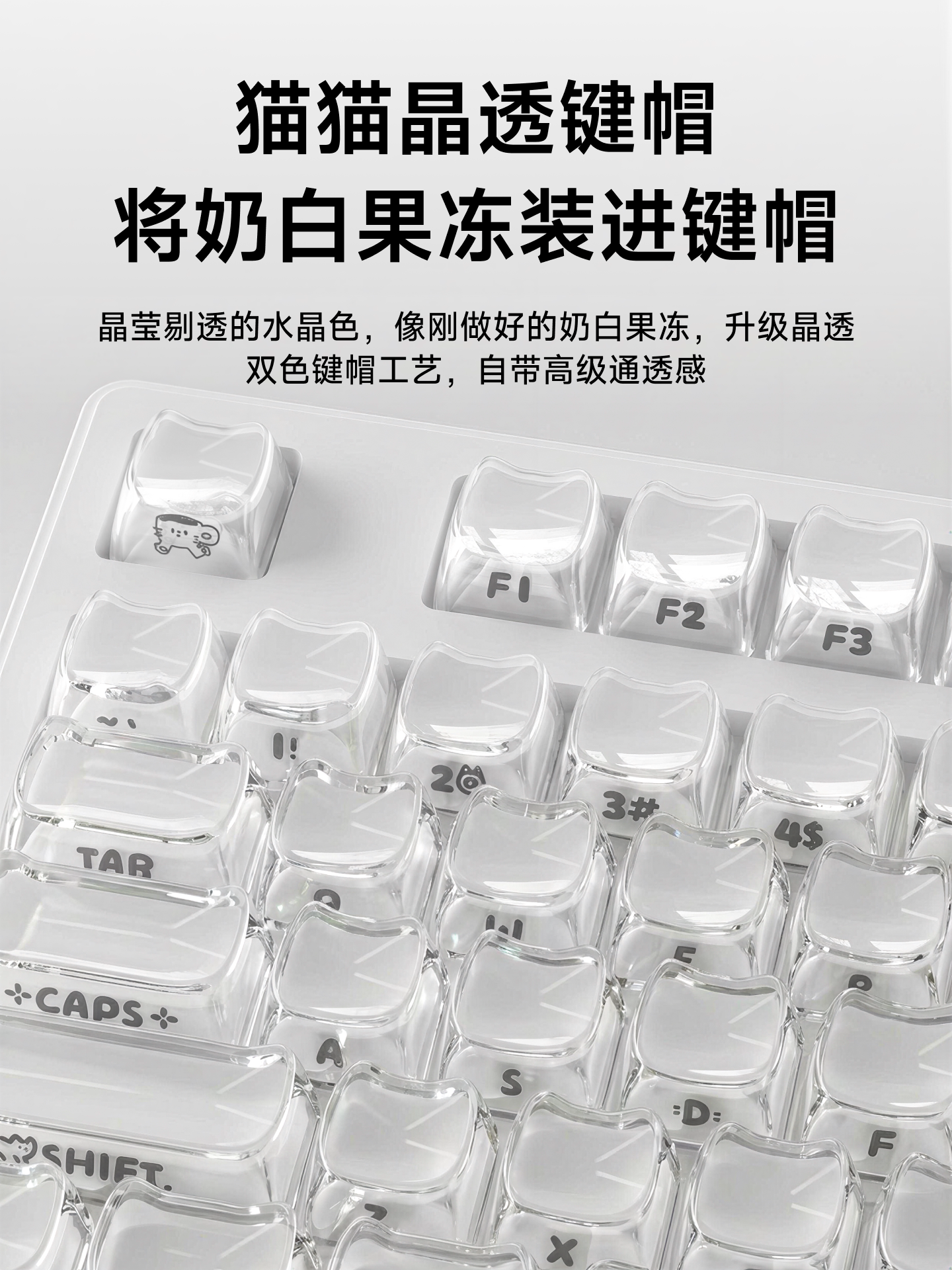 Forerunner Crystal Jelly Cat Wireless Bluetooth Mechanical Keyboard and Mouse Set for Girls, Office Use, High Aesthetic Value