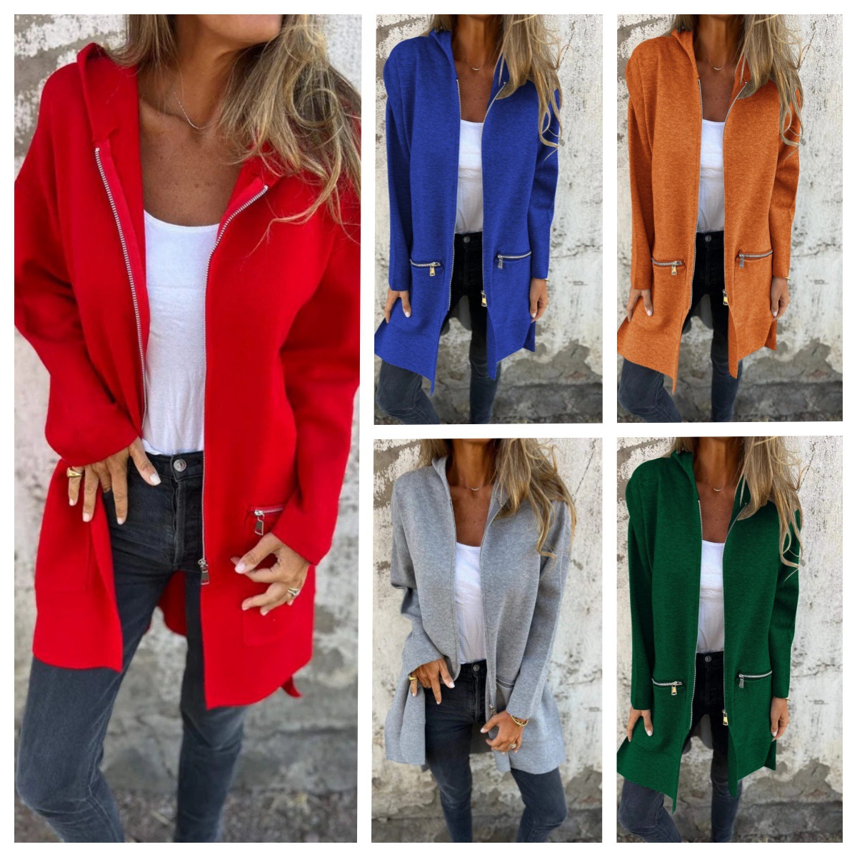 2024 Amazon Aliexpress Independent Site Popular Women's Autumn and Winter Pure Color Casual Zipper Hooded Jacket
