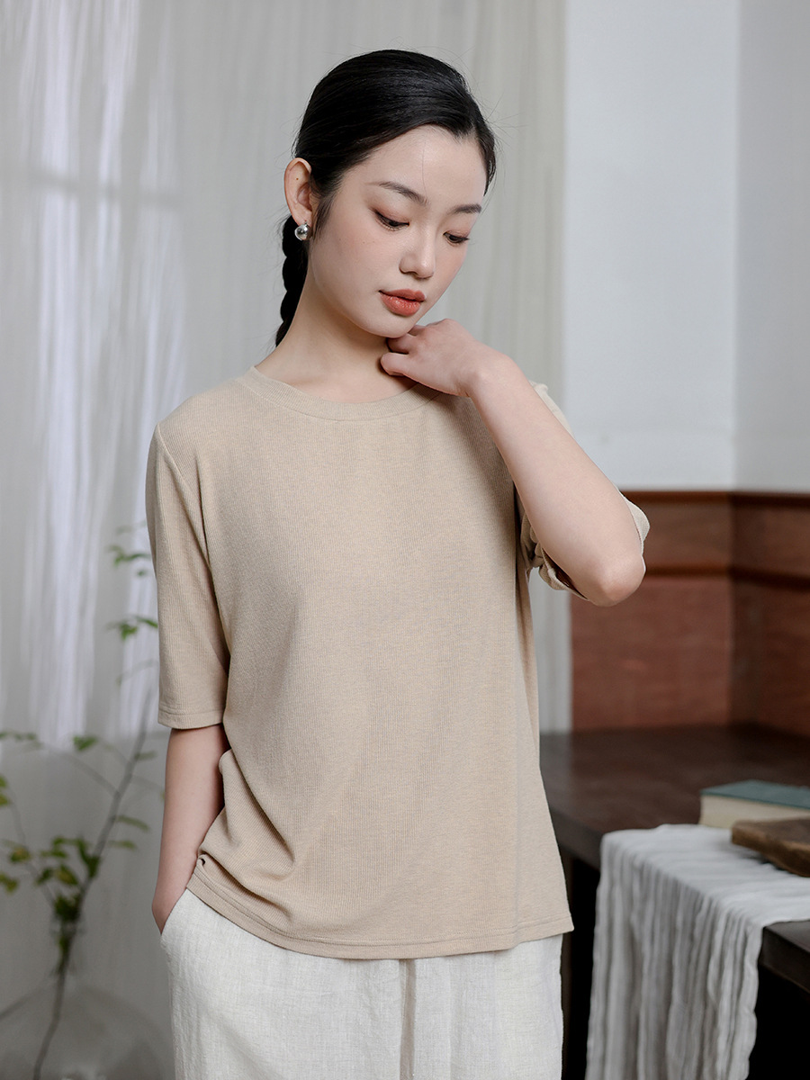 2025 Spring New Round Neck Half Sleeve Base Shirt Women's Basic All-match Solid Color High-grade Wool T-shirt Top Batch