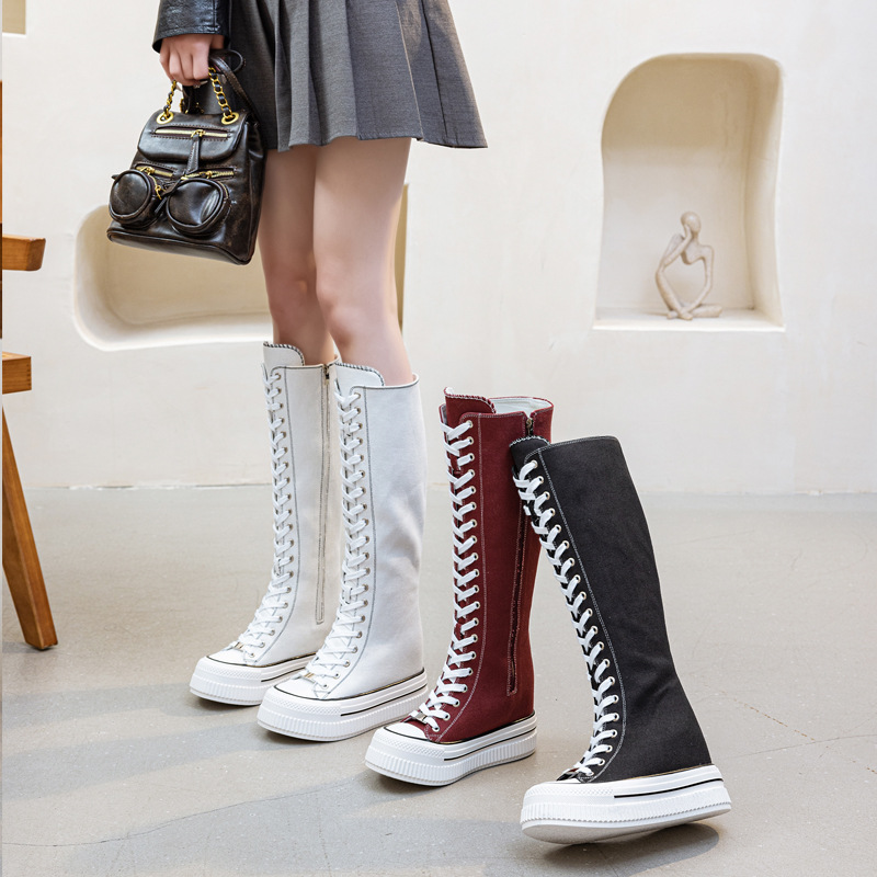 13cm New Style Invisible Height-Increasing Canvas Shoes for Women 2026 Spring and Autumn New Flat Long Boots Casual Sneakers for Women