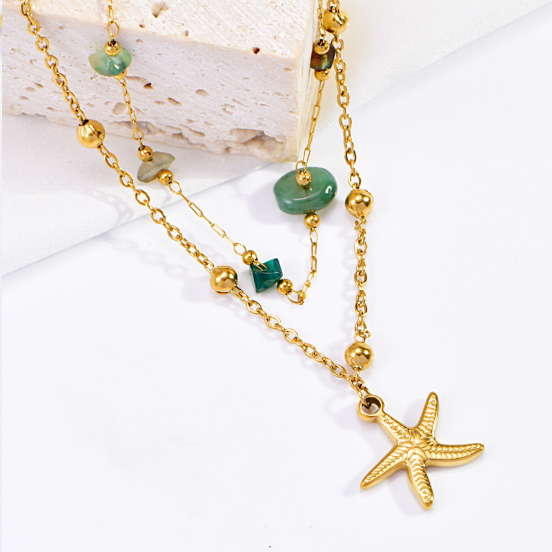 Cross-border fashion color small gravel double-layer stacked anklet titanium steel round beads starfish anklet Tanabata Valentine's Day gift