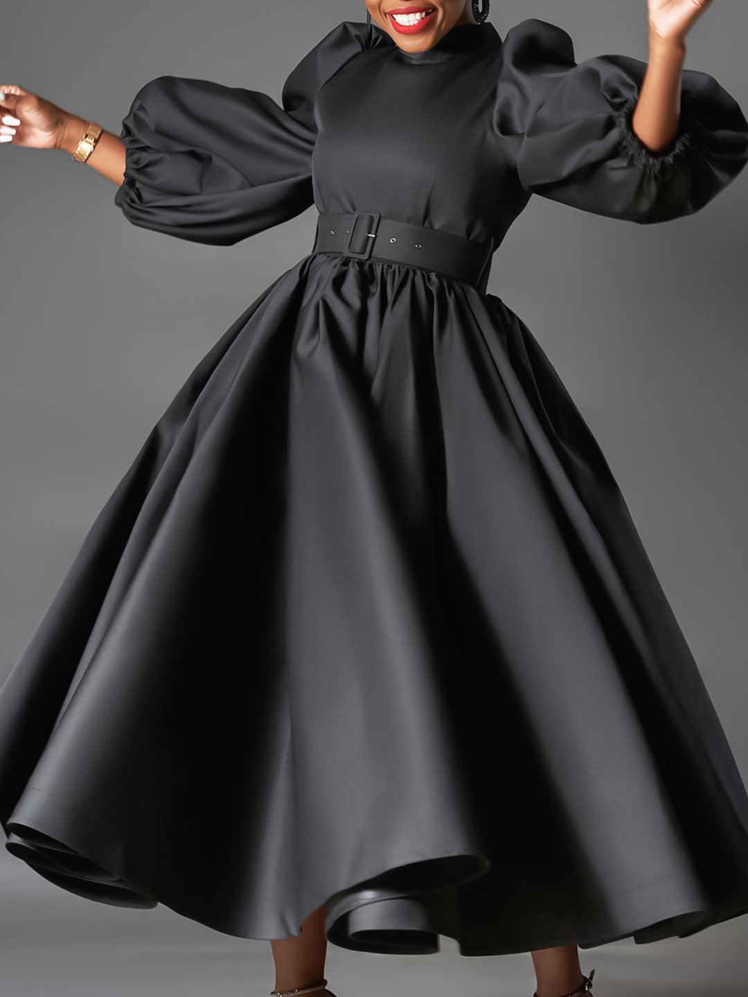 Cross-border Large Size Women's Clothing European and American Loose Large Size Fashion Solid Color Large Skirt Bubble Sleeve Mid-length Dress African Dress