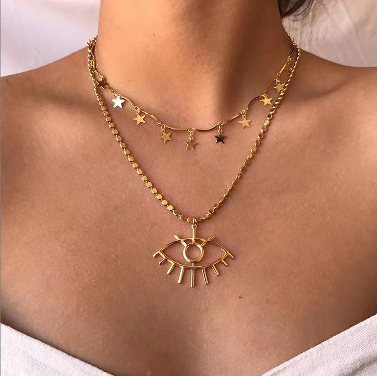 Amazon cross-border new Devil's Eye multi-layer necklace creative simple metal retro Star clavicle chain ladies