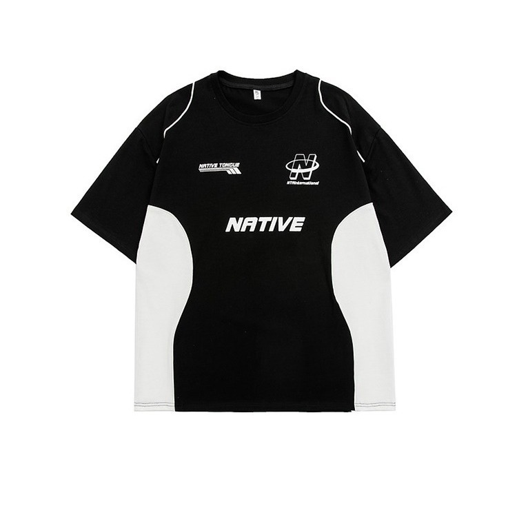 American retro summer fashion brand letter print color matching short-sleeved T-shirt men's loose all-match motorcycle clothing casual T-shirt