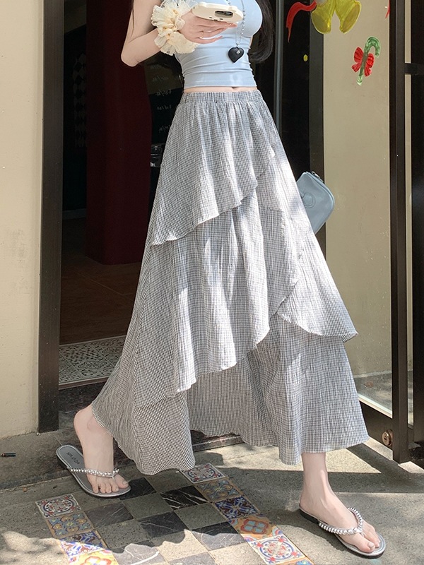 Real Shot of Spring/Summer Design-Inspired Irregular Ruffled Plaid Midi Cake Skirt with Wide Hem
